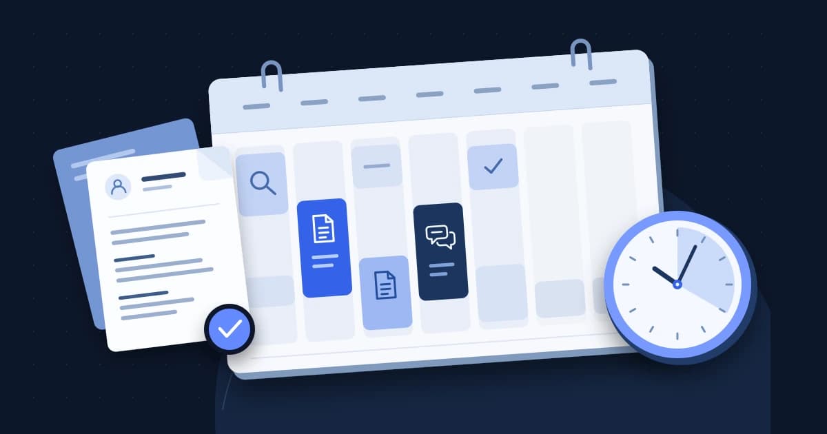 Application documents beside a weekly planner with search, application and conversation blocks, and an analogue clock