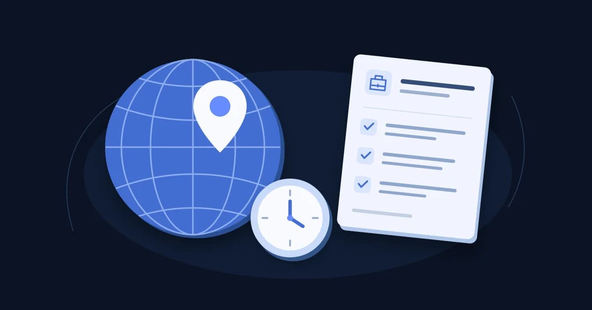 Globe with a location pin beside a job checklist and a clock