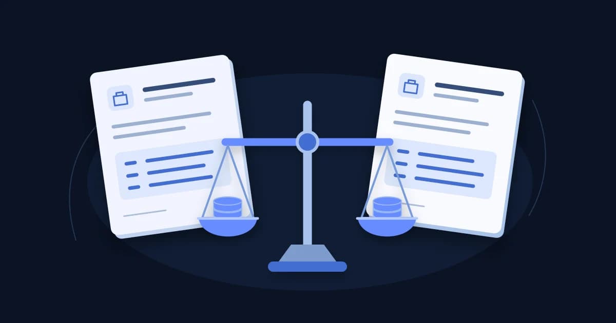 Two job offer documents behind a balance scale holding stacks of blue tokens