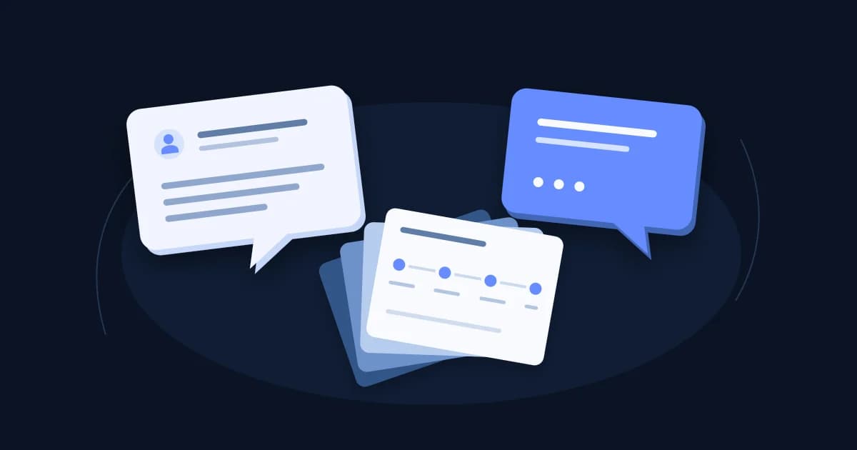 Two speech bubbles above four fanned preparation cards showing a four-part story outline