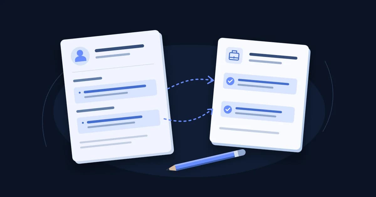 CV and job description with matching highlighted rows connected by arrows, and a blue pencil