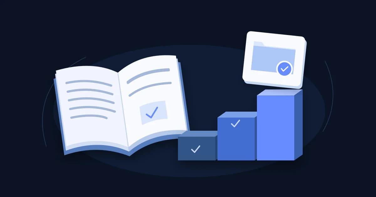 Open book beside ascending blue steps leading to a checked project card