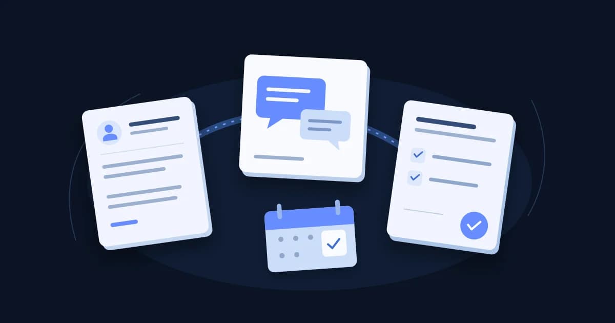 Application, conversation and offer cards connected by a path, with a calendar for a follow-up