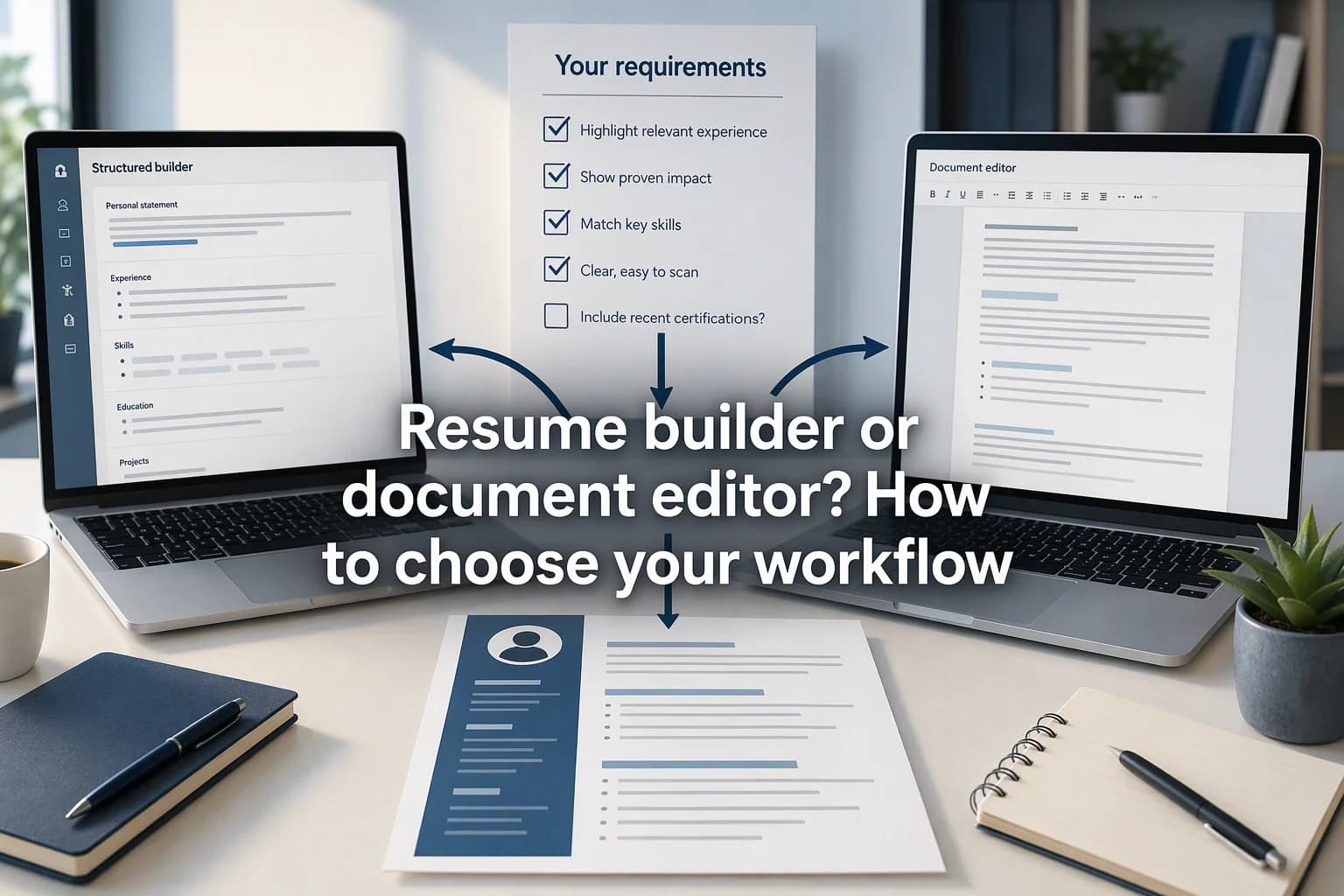 Two document-preparation workflows connect to a resume and a requirements sheet with checked boxes and one open item.