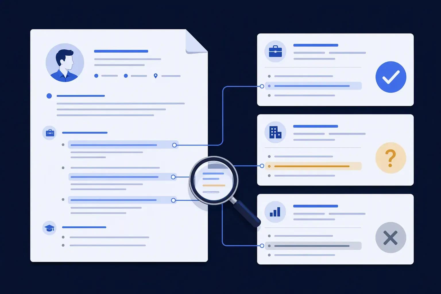 A resume connected to three job listings marked as a match, uncertain, or unsuitable, with a magnifying glass checking the evidence.