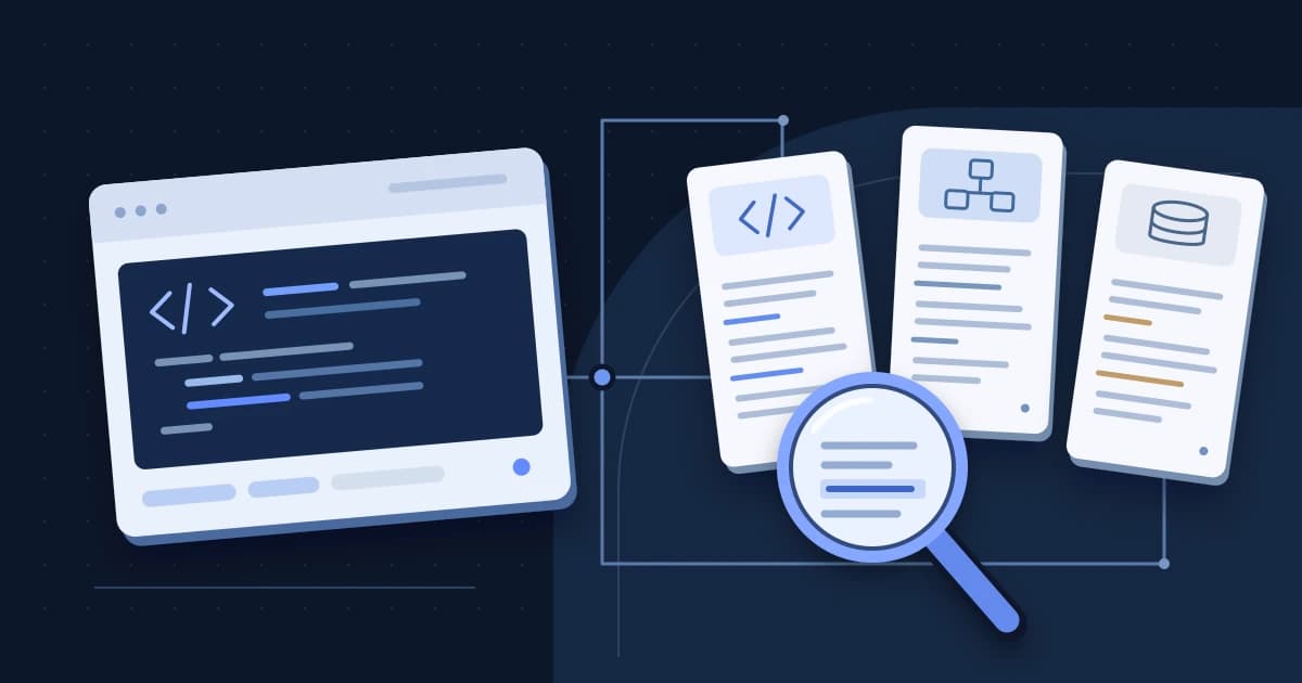 A code window connected to three technical job descriptions, with a magnifying glass examining their details