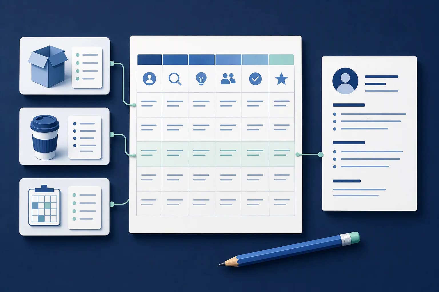 Retail, café and recreation-centre task cards connect to a six-column worksheet and a CV document.