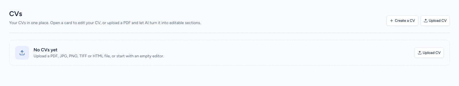 Empty English CVER CV library with the Upload CV button