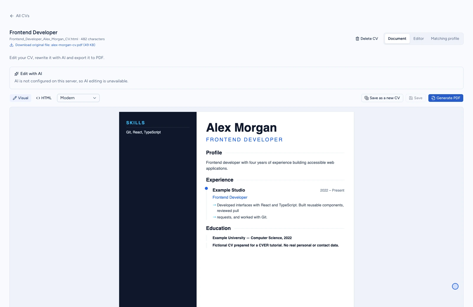 CVER Document view showing the imported Frontend Developer CV for fictional Alex Morgan