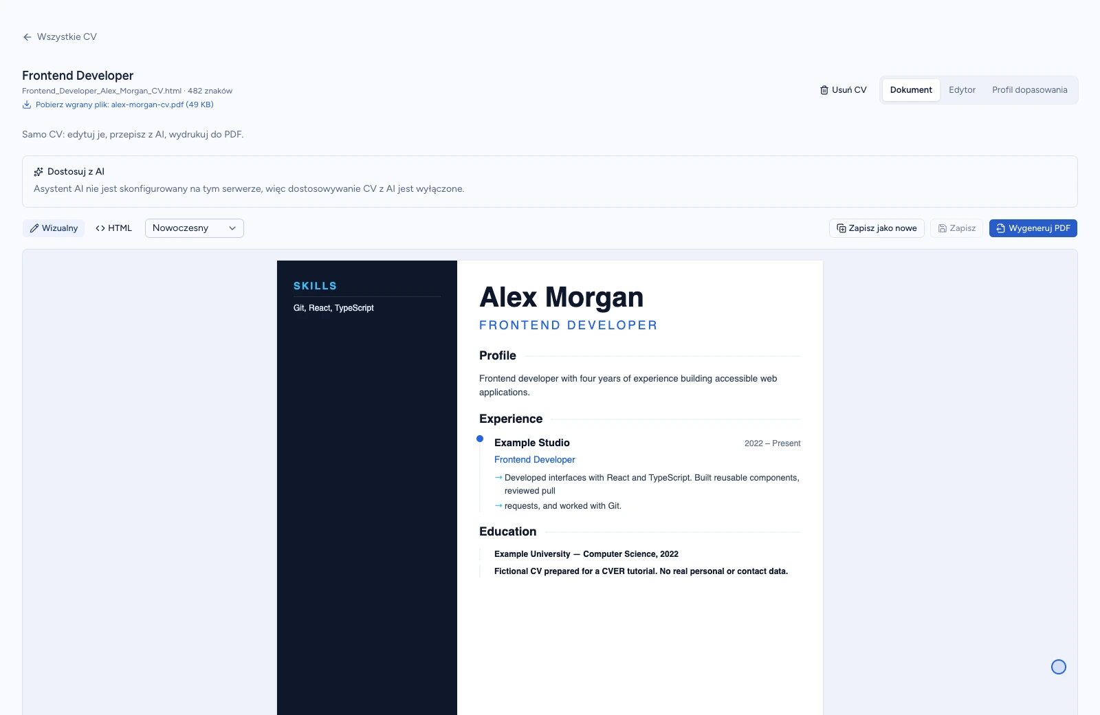 Widok Dokument w CVER z zaimportowanym CV Frontend Developer dla fikcyjnej osoby Alex Morgan