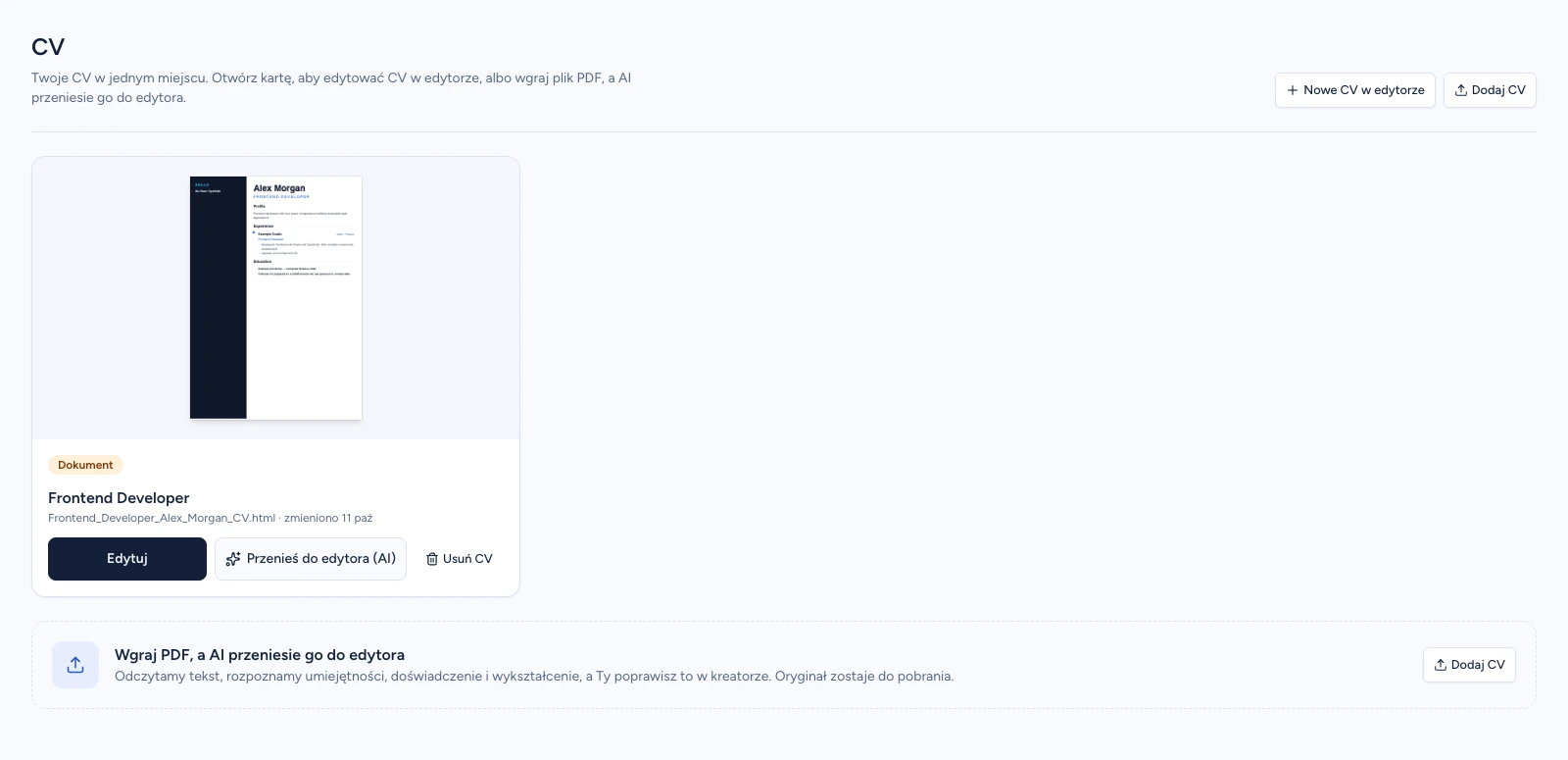 Polska biblioteka CV z kartą Frontend Developer i odnośnikiem Edytuj
