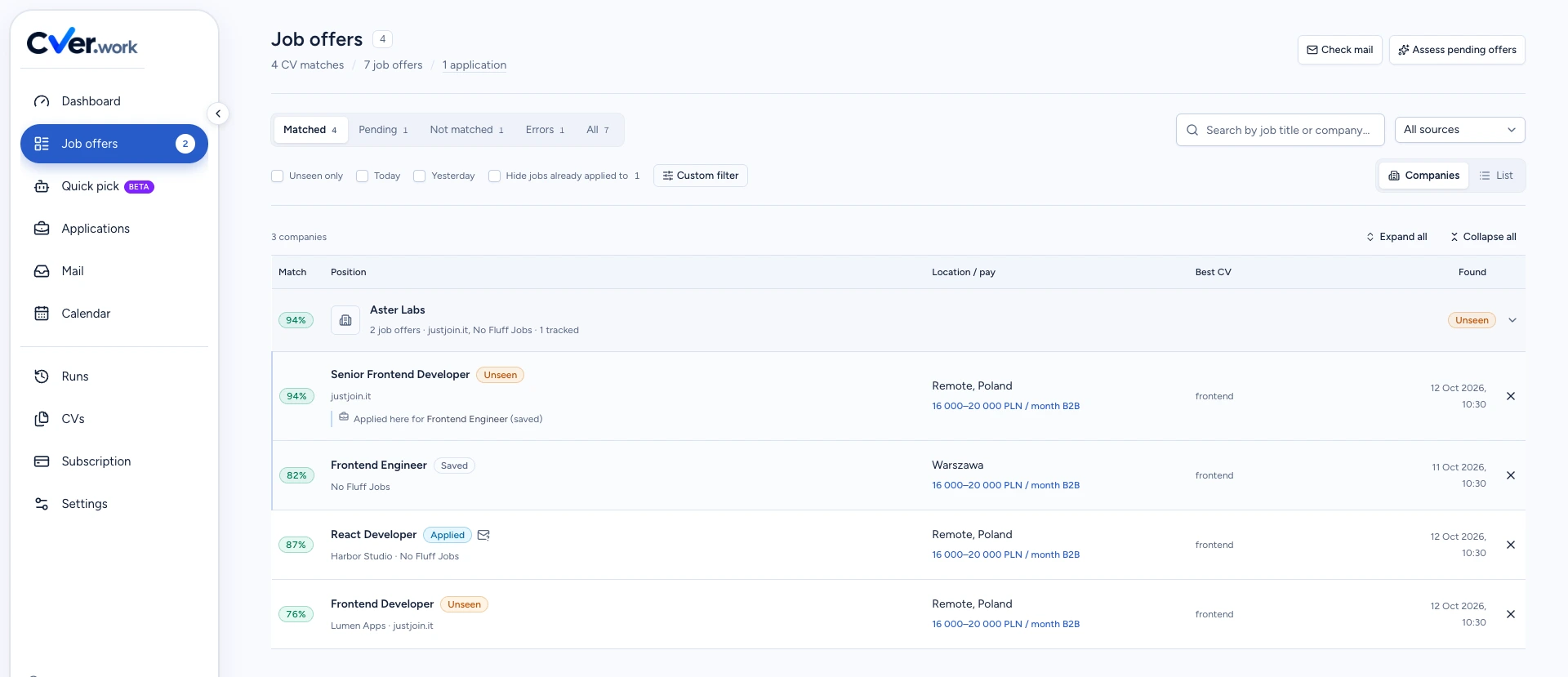 Matched offers in English CVER with the Aster Labs company group expanded