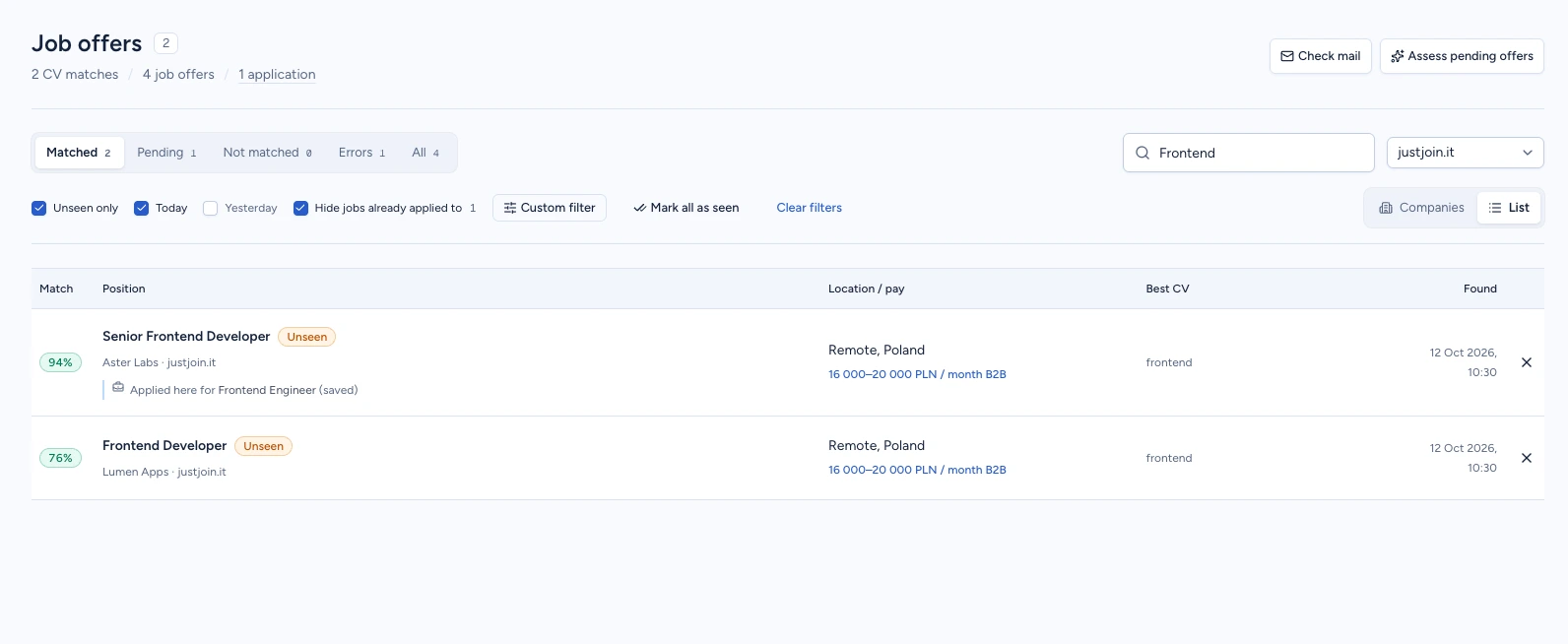 Offers filtered by Frontend, source, unseen status, day found and application status