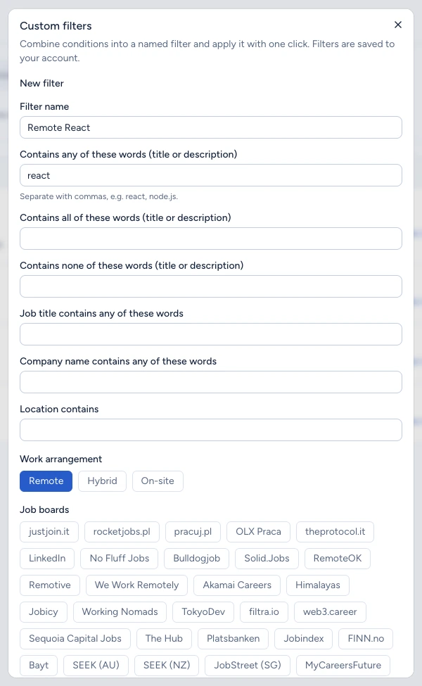 Custom filters dialog with the name Remote React and react as a matching word