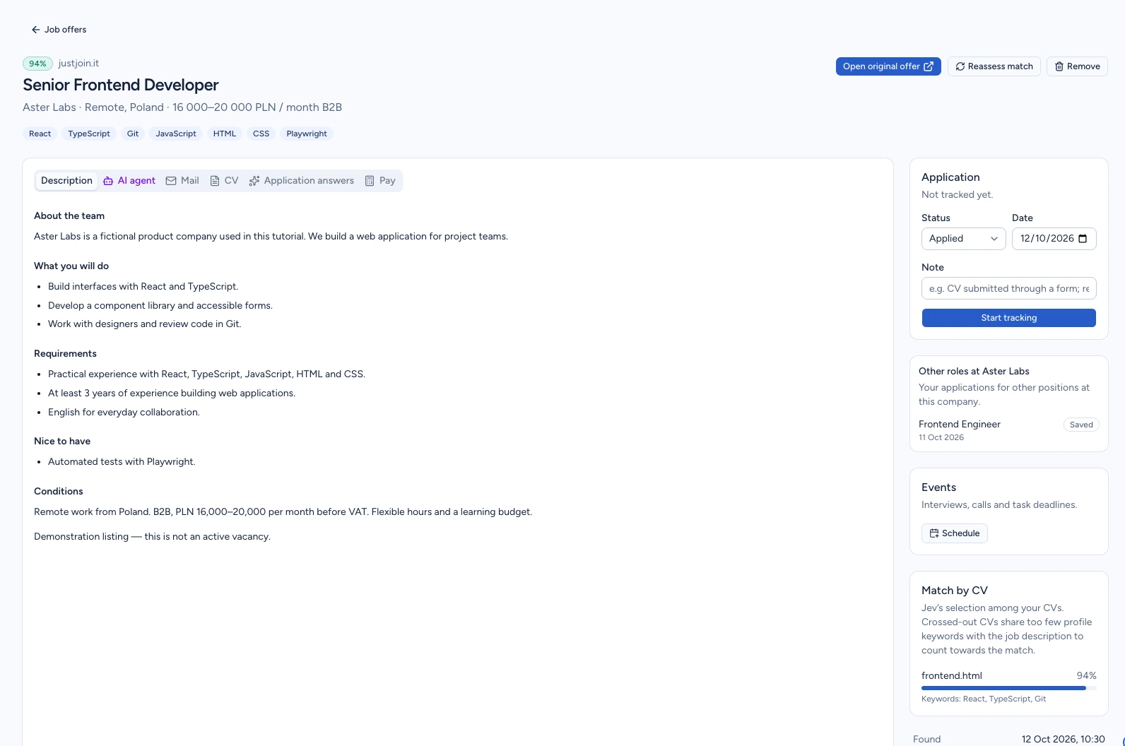 Senior Frontend Developer details with the job description and Match by CV panel