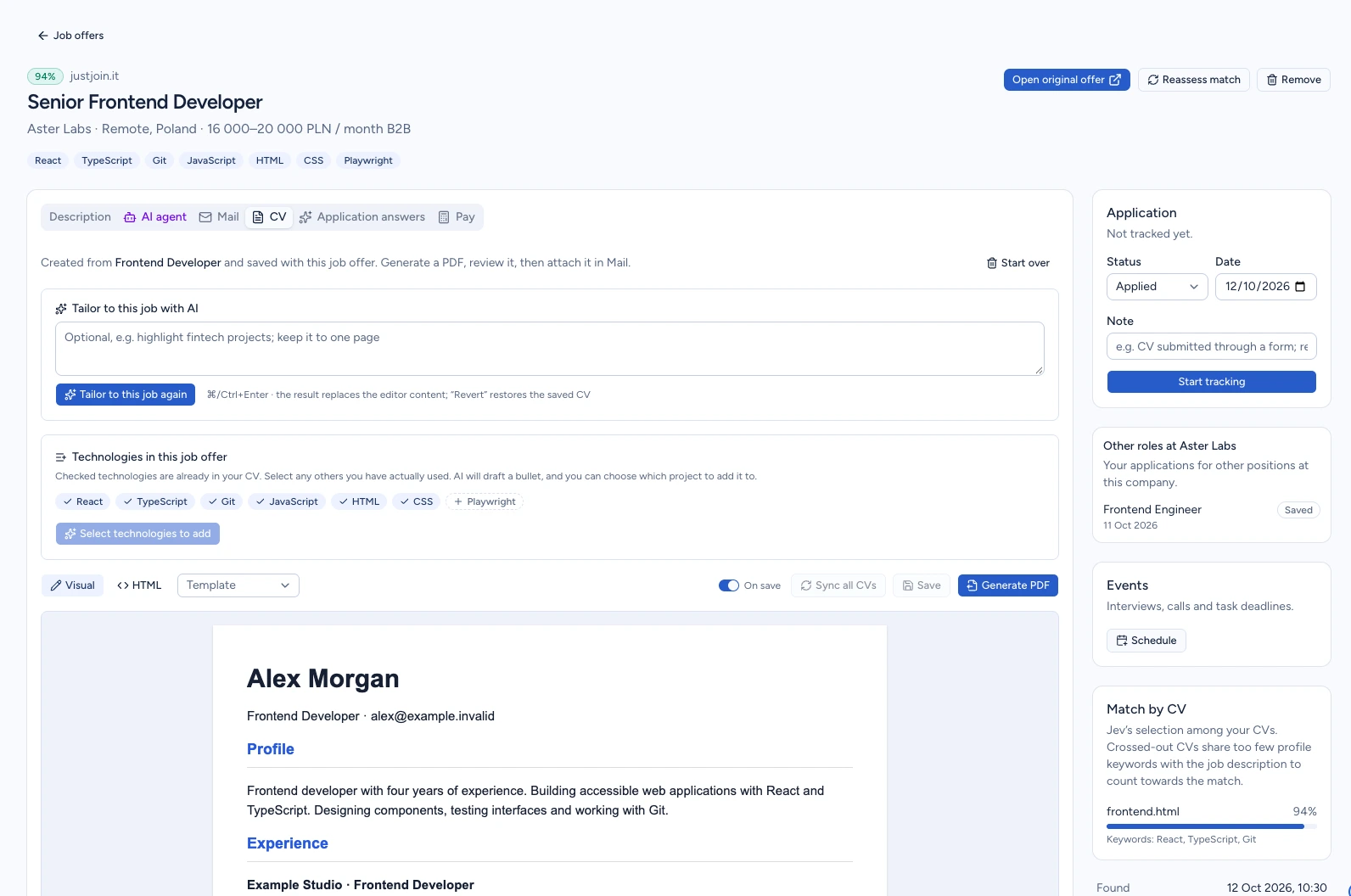 Editor showing a CV copy saved with the Senior Frontend Developer offer