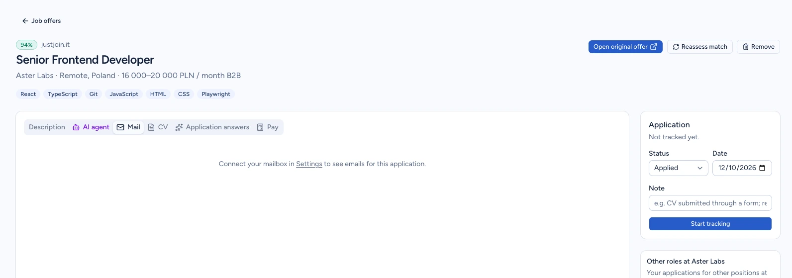 Mail tab for an offer with a link to mailbox configuration in Settings