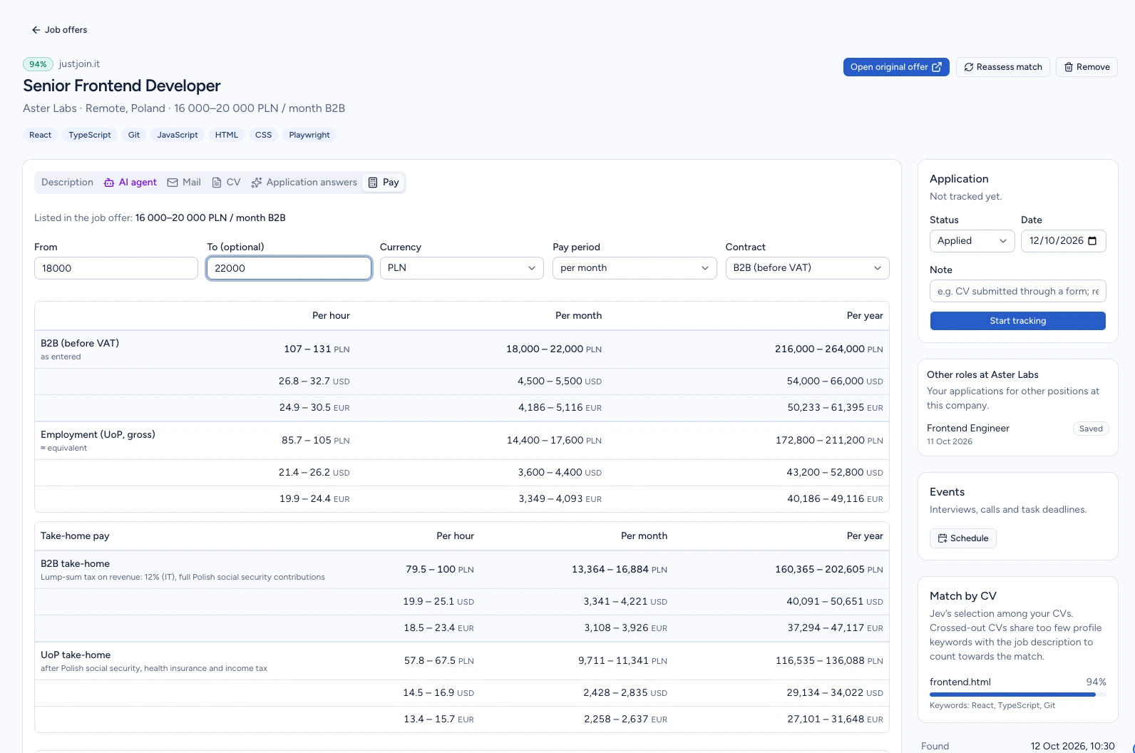 Pay calculator with PLN 18,000–22,000 and employment and B2B comparisons