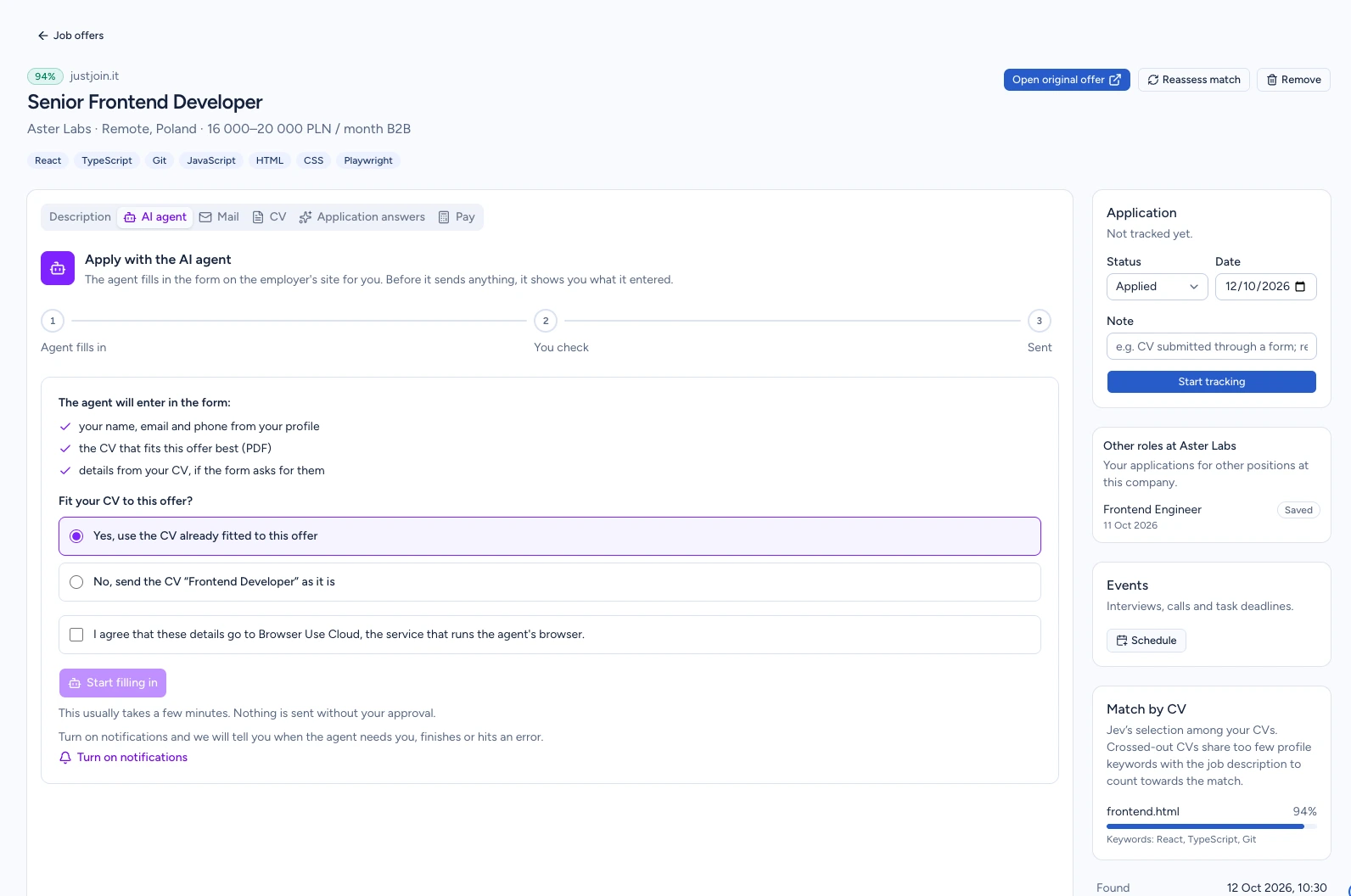 AI agent start screen with CV choices and consent to Browser Use Cloud