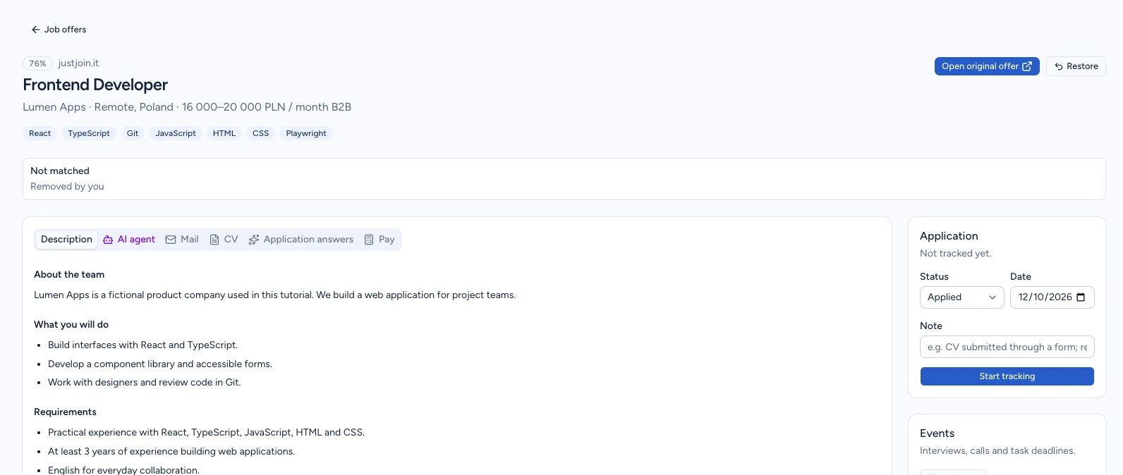 Removed Frontend Developer offer from Lumen Apps with a Restore button