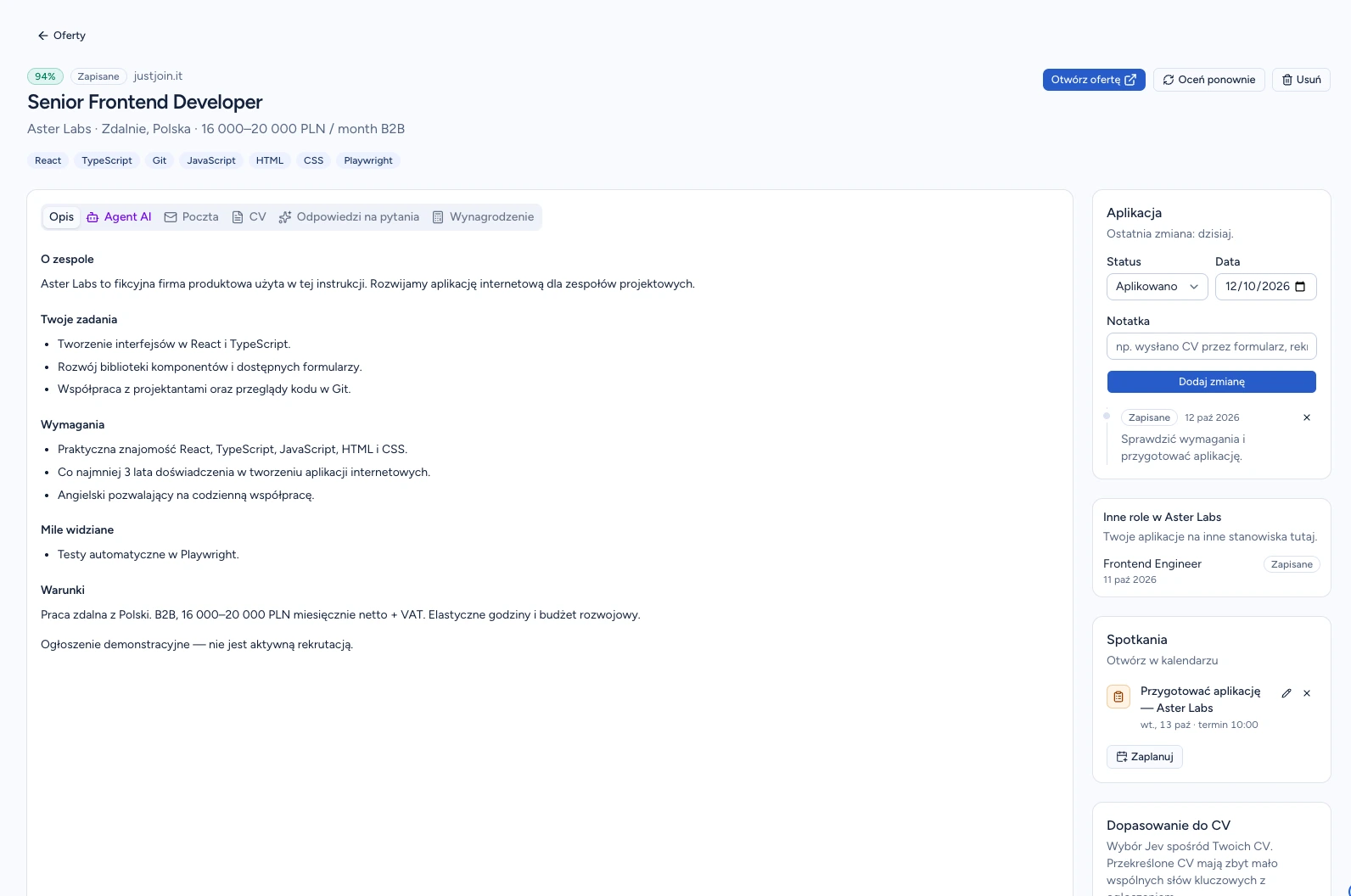 Oferta Aster Labs po odświeżeniu z zapisanym statusem, notatką i terminem zadania