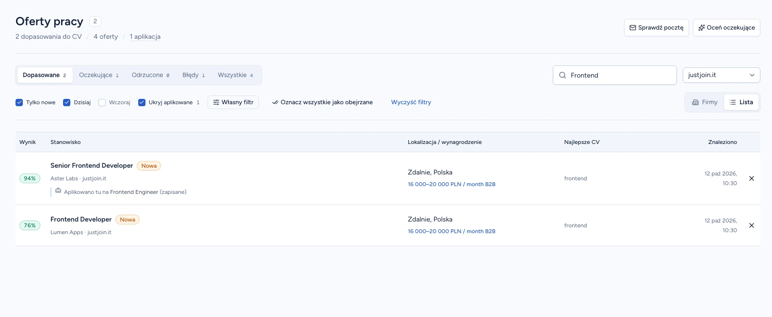 Lista ofert po wyszukaniu Frontend i włączeniu filtrów źródła, nowych ofert, dnia i aplikacji