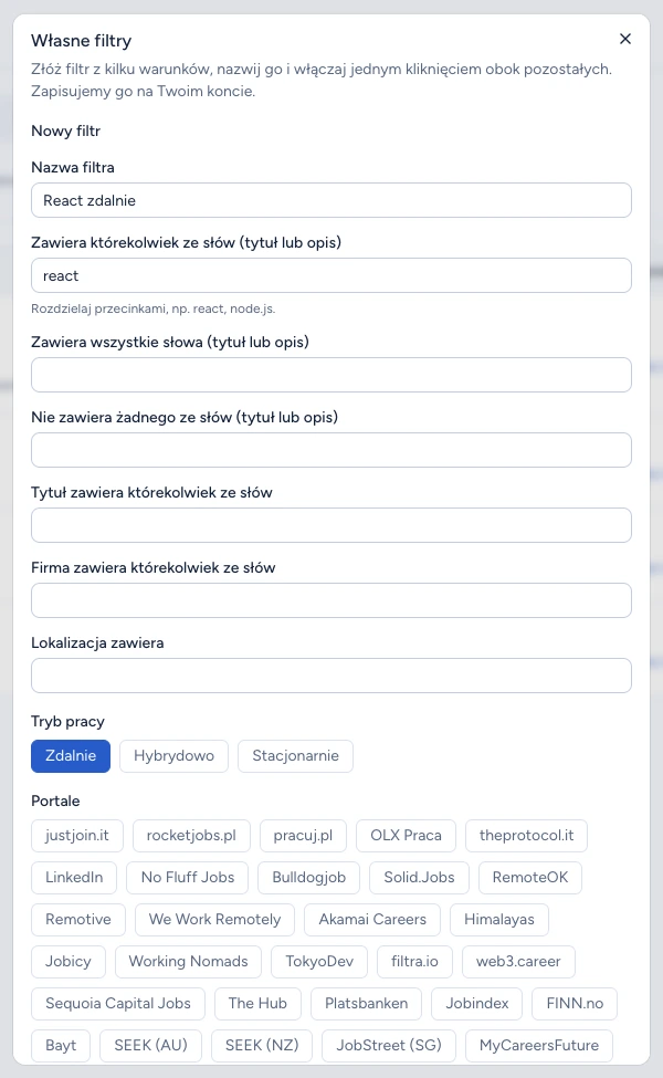 Okno Własne filtry z nazwą React zdalnie i warunkiem wyszukiwania react