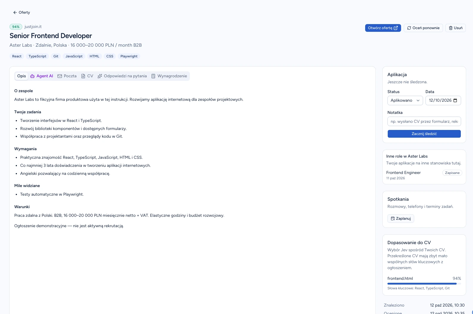 Szczegóły Senior Frontend Developer z opisem i panelem dopasowania do CV