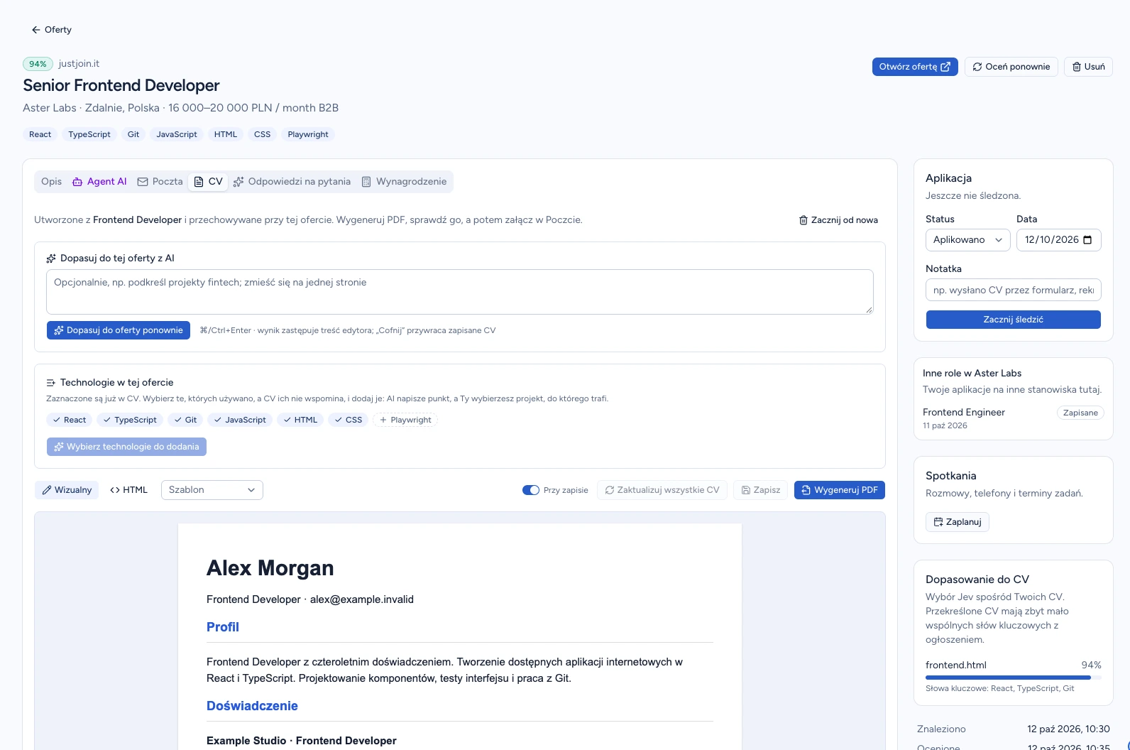 Edytor kopii CV zapisanej przy ofercie Senior Frontend Developer
