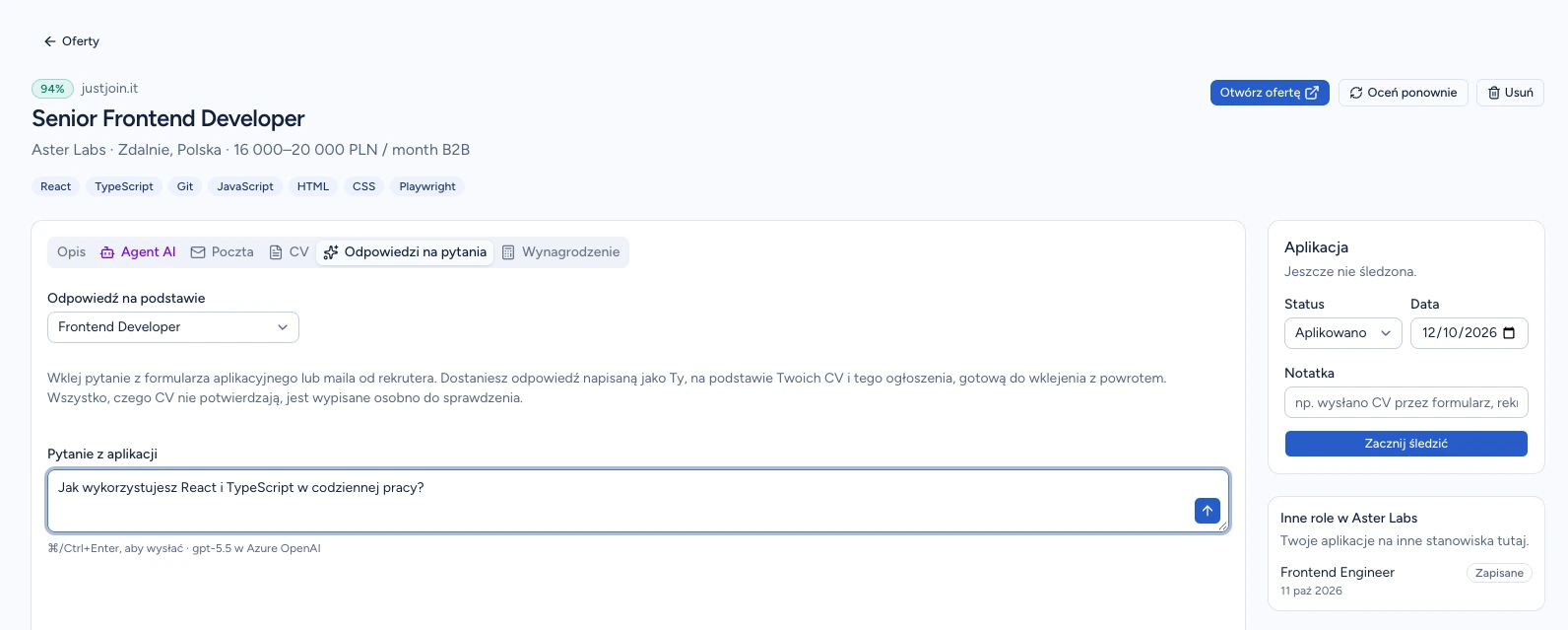 Zakładka Odpowiedzi na pytania z wybranym CV i pytaniem o React i TypeScript