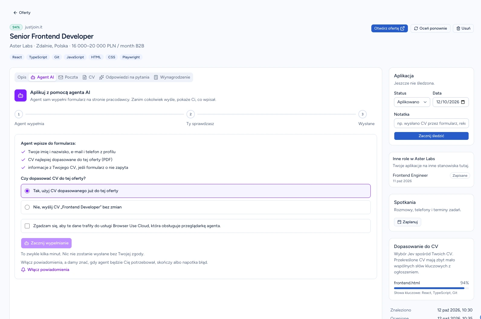 Ekran startowy agenta AI przy ofercie z wyborem CV i zgodą na Browser Use Cloud