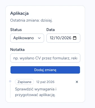 Historia aplikacji z zapisanym statusem Zapisane i notatką przy ofercie