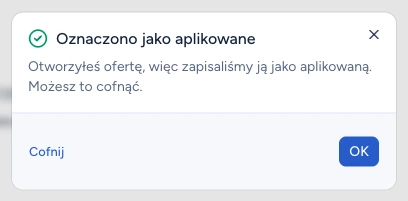 Komunikat Oznaczono jako aplikowane z przyciskiem Cofnij
