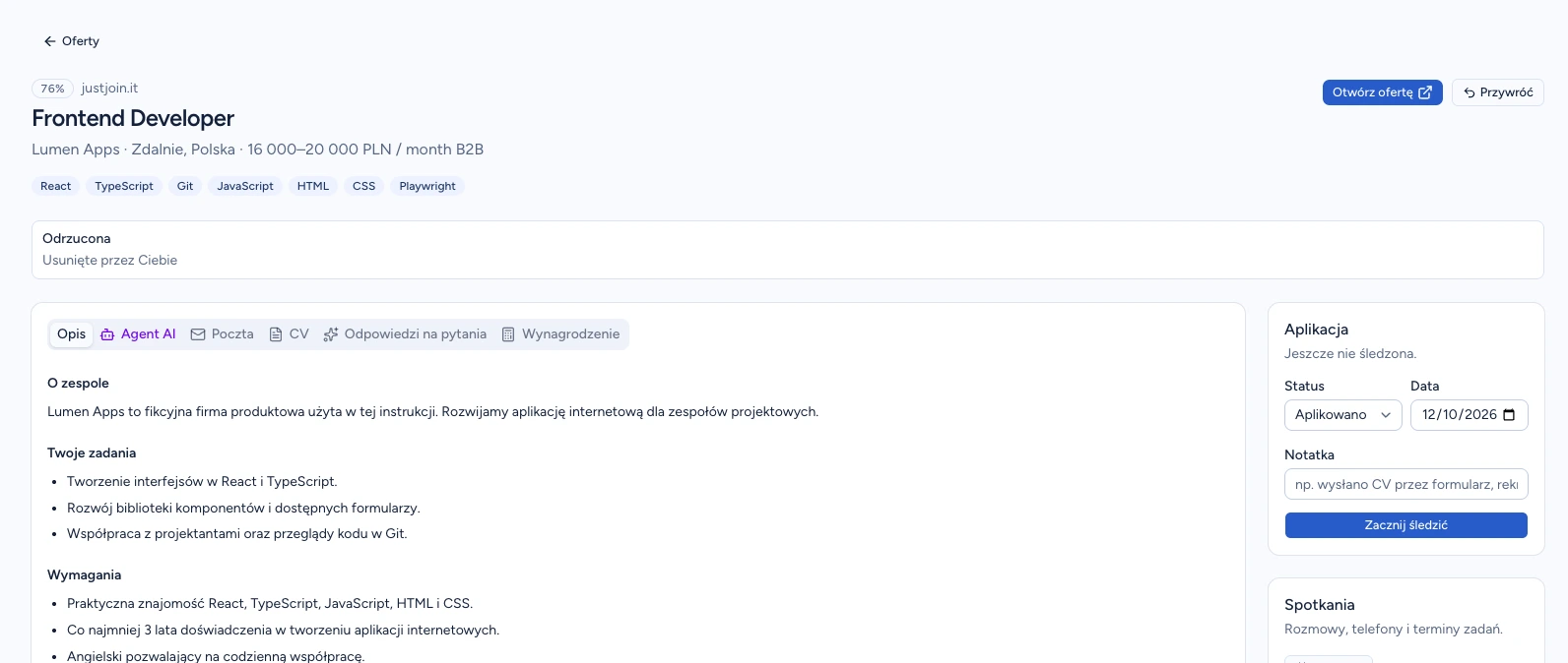 Usunięta oferta Frontend Developer firmy Lumen Apps z przyciskiem Przywróć