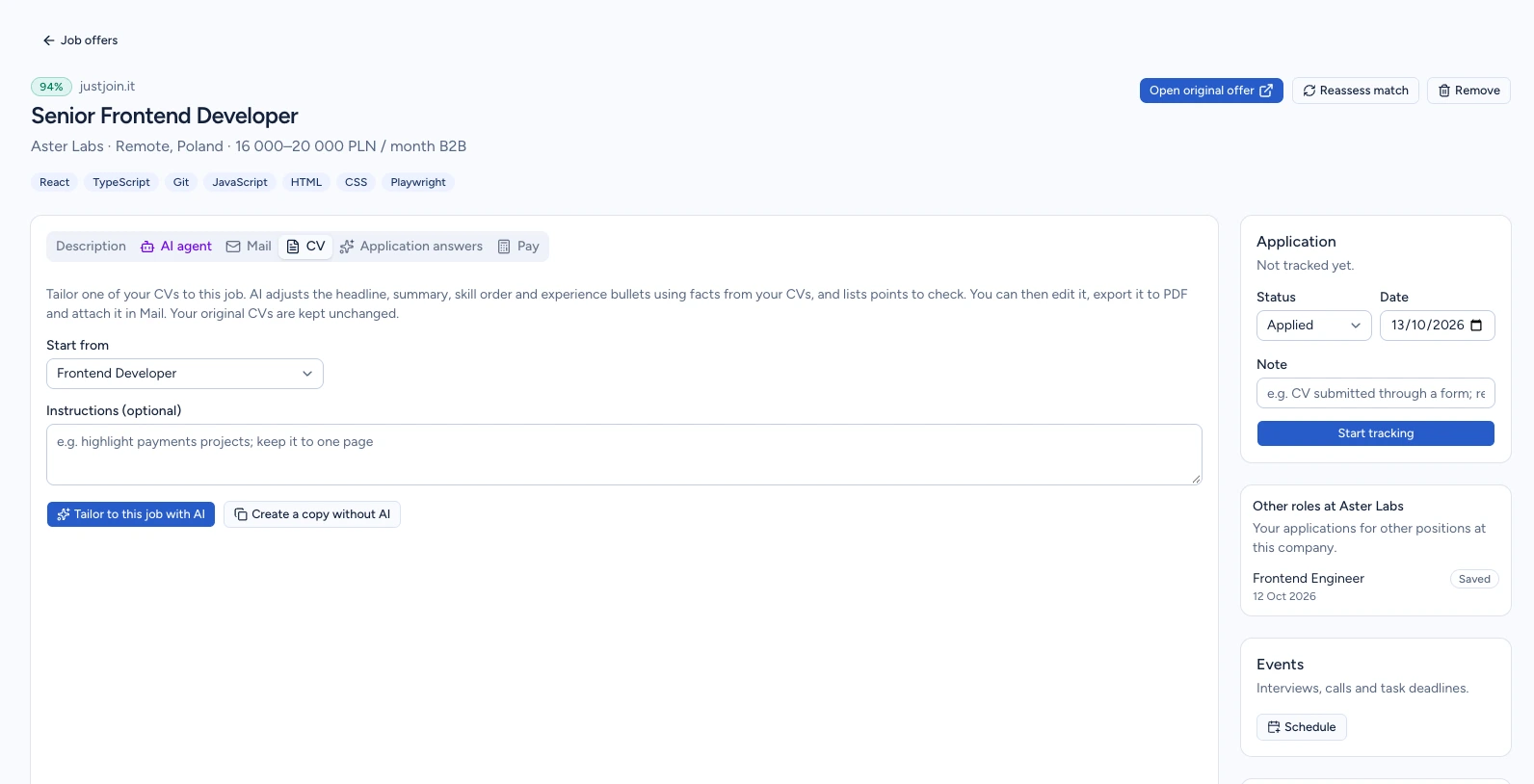 The CV tab for the Senior Frontend Developer offer in English CVER