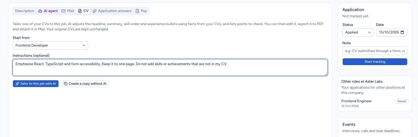 Frontend Developer CV selected with instructions to emphasise React, TypeScript and accessibility