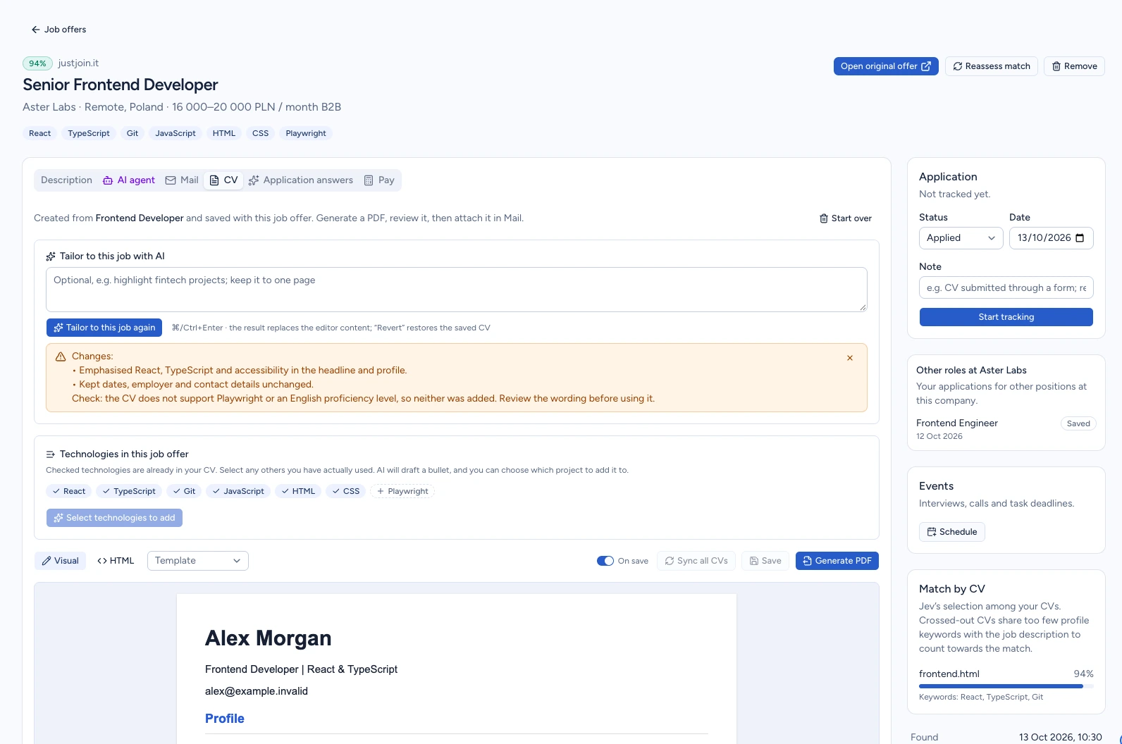 Tailored CV editor with notes about changes and skills not supported by the source CV