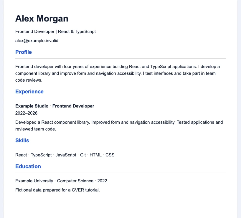 Alex Morgan CV preview showing the profile, employment dates, skills and education