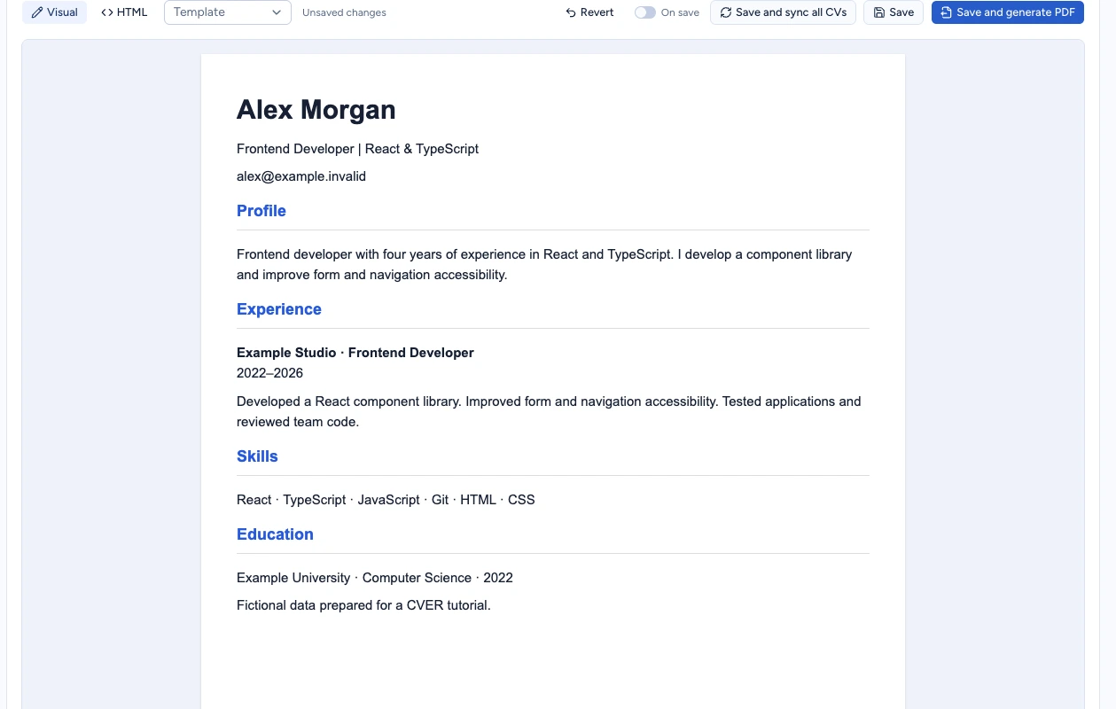 Revised CV profile with On save turned off and the Unsaved changes label
