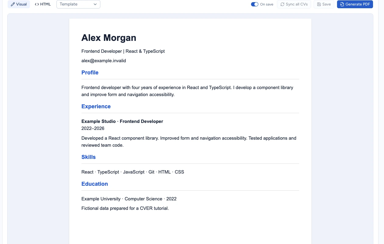 Saved CV after refreshing, with the revised profile and a disabled Save button