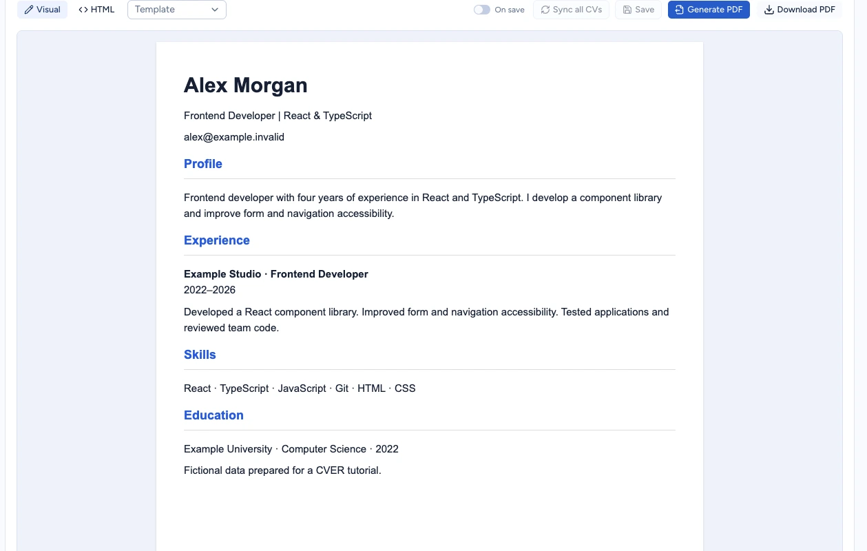 CV editor with Generate PDF and Download PDF available after export