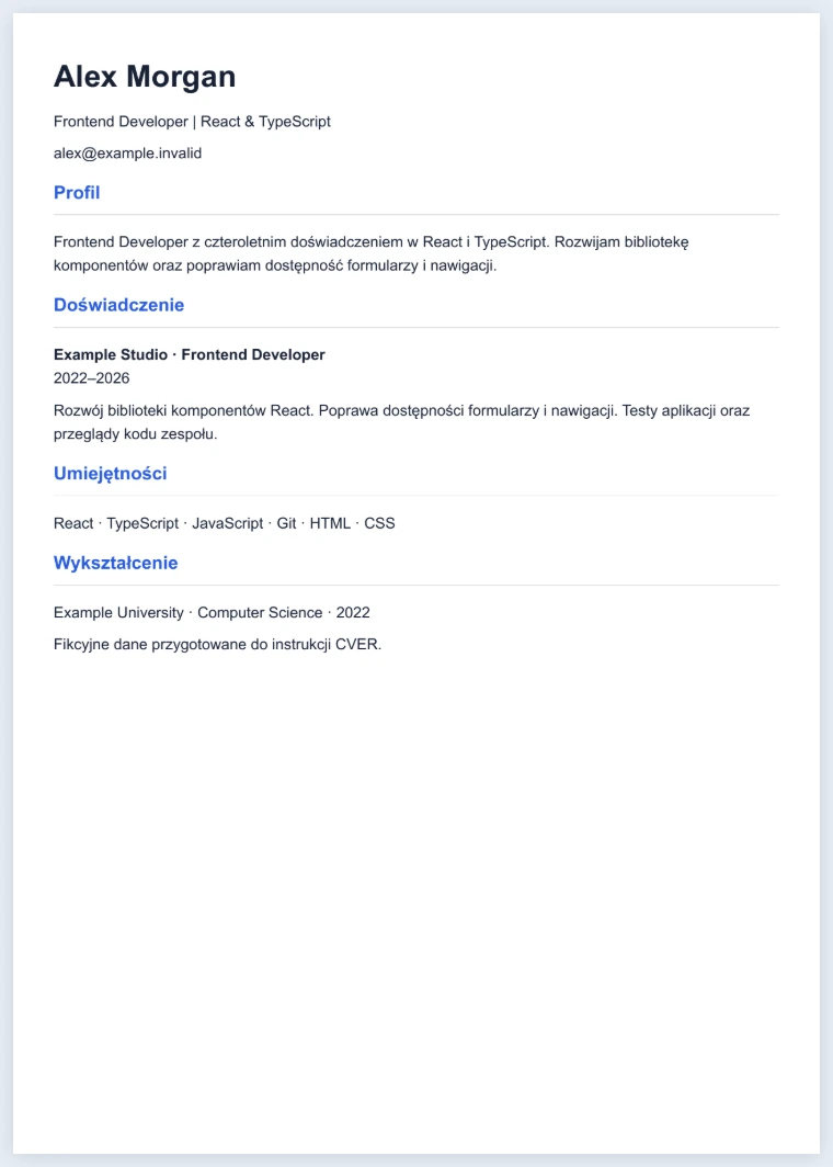 Jednostronicowy PDF CV Alex Morgan z poprawionym profilem i zachowanymi datami zatrudnienia