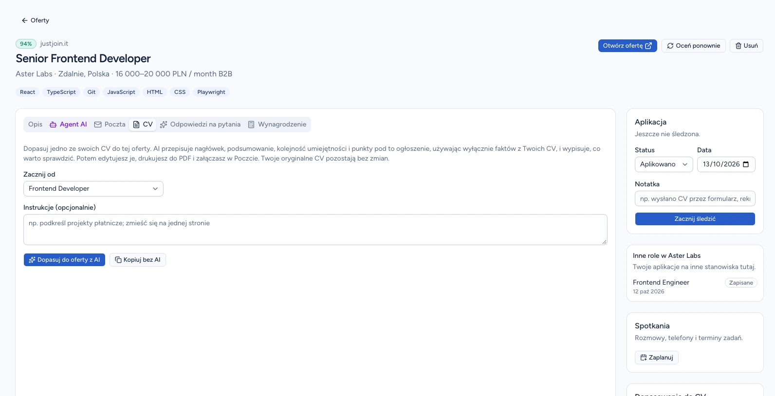 Zakładka CV przy ofercie Senior Frontend Developer w polskim CVER