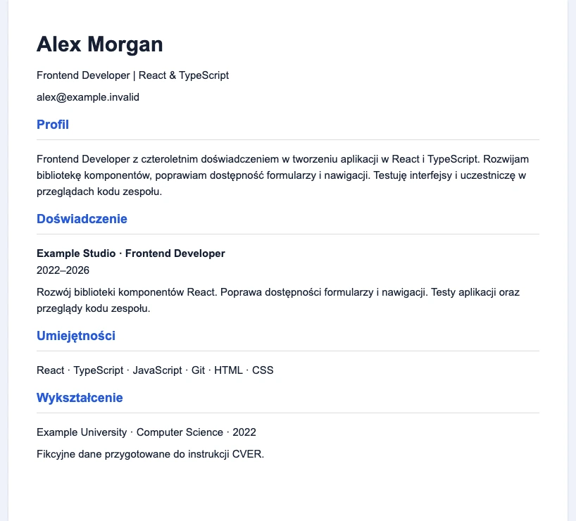 Podgląd CV Alex Morgan z profilem, datami zatrudnienia, umiejętnościami i wykształceniem