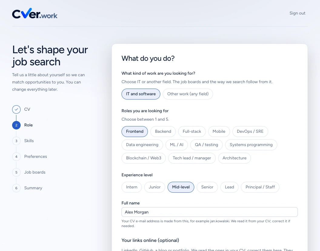 CVER Role screen with IT and software, Frontend and Mid-level selected