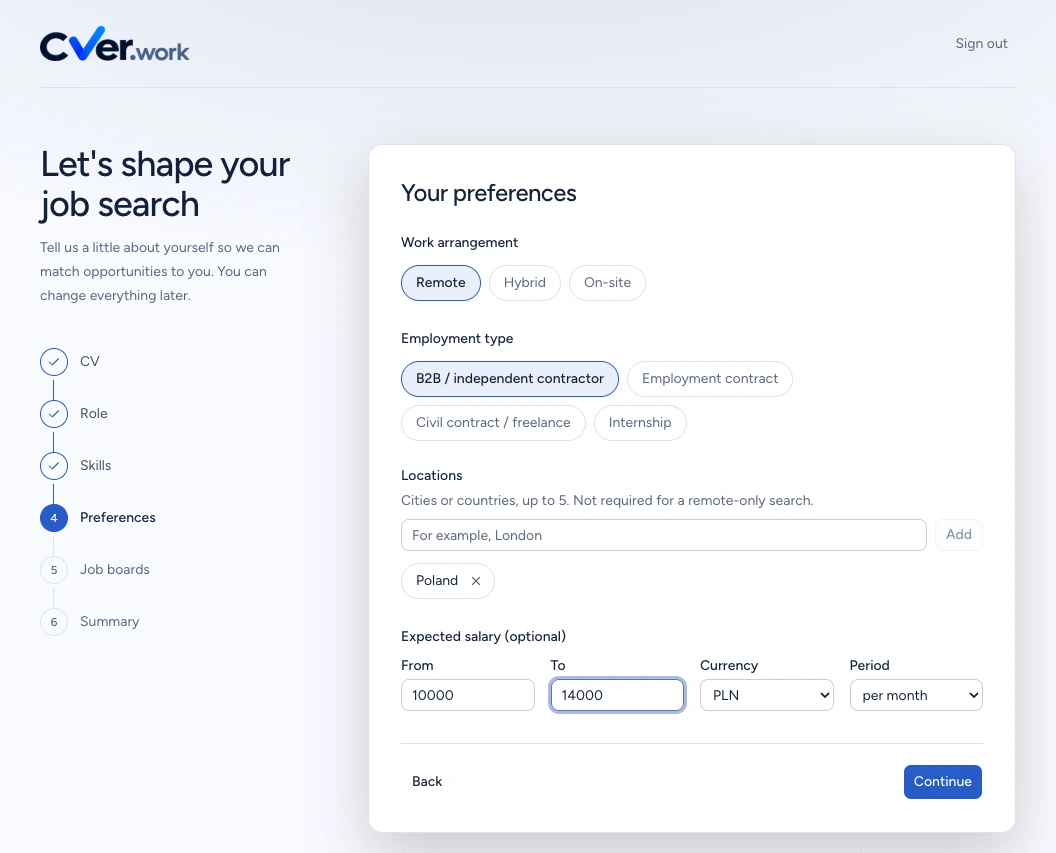 CVER preferences showing Remote, B2B and an example salary range of PLN 10,000–14,000 per month