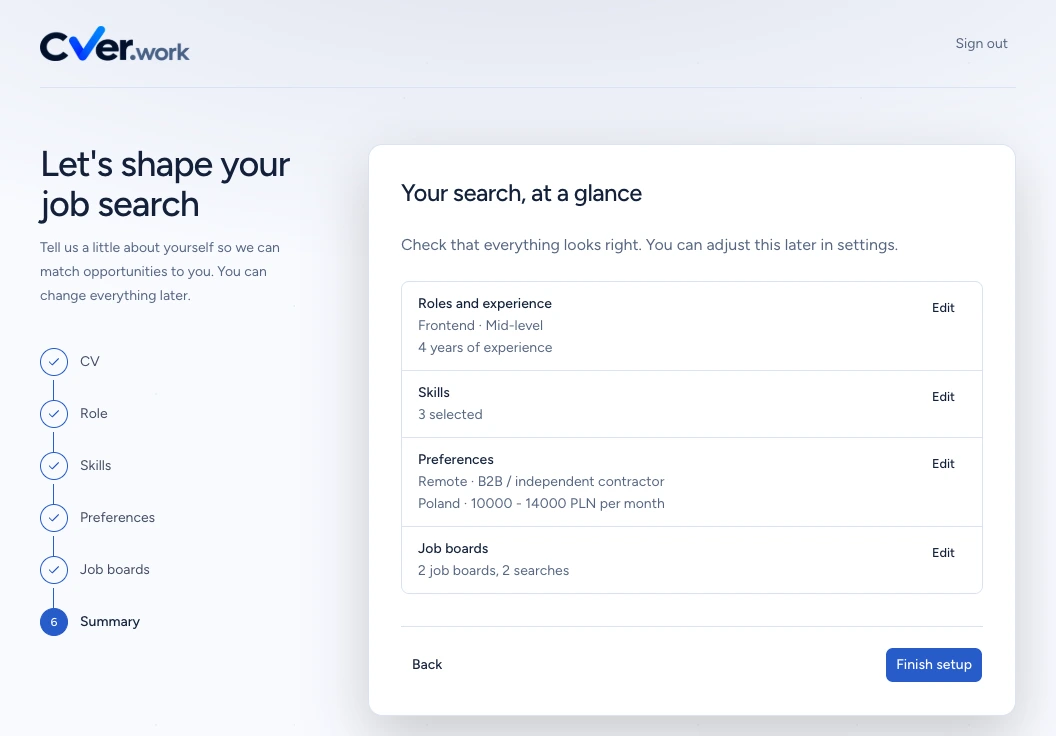 CVER onboarding summary with Frontend, three skills and the Finish setup button