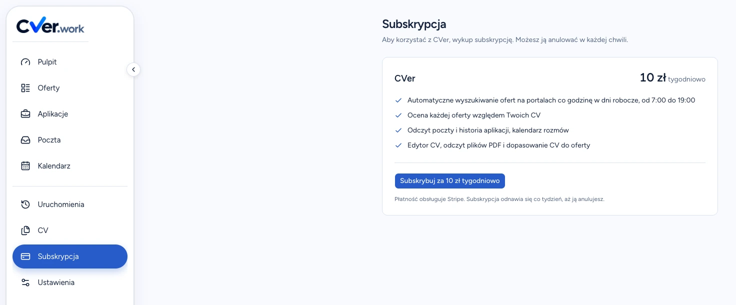 Ekran Subskrypcja w CVER otwarty po zapisaniu onboardingu na koncie bez aktywnego planu