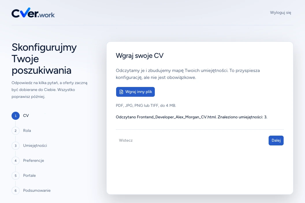 Polski ekran importu CV w CVER z potwierdzeniem odczytu dokumentu Alex Morgan i trzema znalezionymi umiejętnościami