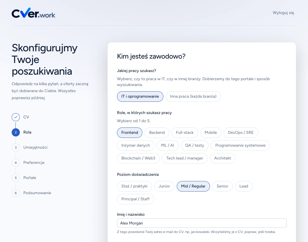 Ekran Rola w CVER z wybraną branżą IT, rolą Frontend i poziomem Mid / Regular